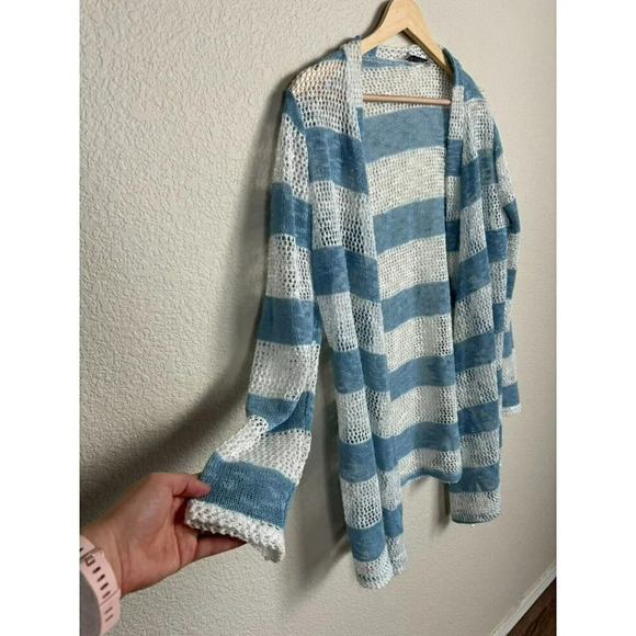 Retro Threads Open Knit Cardigan Size medium blue white striped crochet Boho - Picture 2 of 9